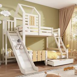 Matteo Bunk Beds for Kids, Wooden Cabin Bed with Ladder & Slide in White - Size: Double