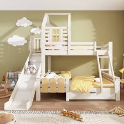 Matteo Bunk Beds for Kids, Wooden Cabin Bed with Ladder & Slide in White - Size: Double - thumbnail 7