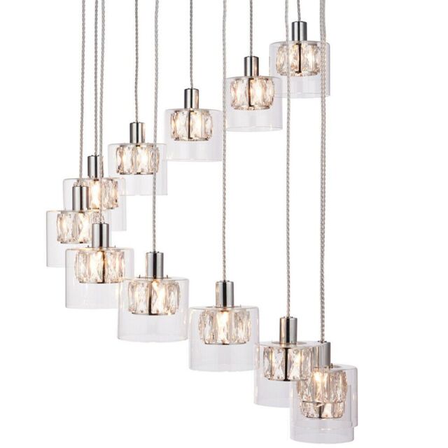 Loops Multi Light Ceiling Pendant 12 Bulb Chrome & Crystal Chandelier Height Drop Lamp - image 1