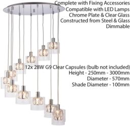 Loops Multi Light Ceiling Pendant 12 Bulb Chrome & Crystal Chandelier Height Drop Lamp - thumbnail 2