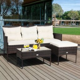 Costway 3 PCS Patio Rattan Conversation Set 3 Seater Garden Corner Sofa Set W/ Coffee Table in White - thumbnail 1
