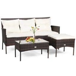 Costway 3 PCS Patio Rattan Conversation Set 3 Seater Garden Corner Sofa Set W/ Coffee Table in White - thumbnail 6