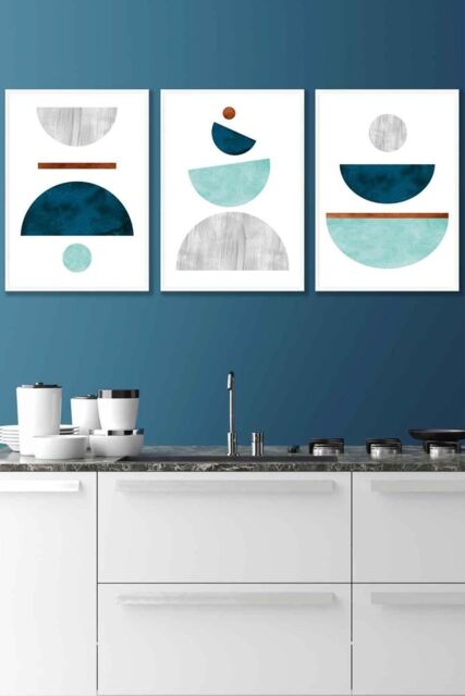 ARTZE Teal, Mint Green & Grey Abstract Mid Century Geometric Framed Wall Art - Medium in White - Size: W45 cm x H62 cm x D20mm - image 1