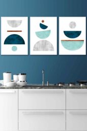 ARTZE Teal, Mint Green & Grey Abstract Mid Century Geometric Framed Wall Art - Medium in White - Size: W45 cm x H62 cm x D20mm