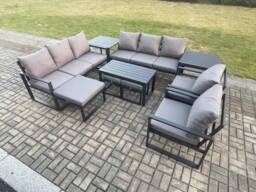 Fimous Aluminium Outdoor Garden Furniture Lounge Sofa 2 PC Chairs Oblong Coffee Table Sets with 2 Side Tables 3 Footstools Dark Grey - thumbnail 2