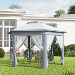 OUTSUNNY 3x4m Hexagon Gazebo w/ Metal Frame Mesh Curtains Outdoor Garden in Grey