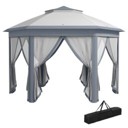 OUTSUNNY 3x4m Hexagon Gazebo w/ Metal Frame Mesh Curtains Outdoor Garden in Grey - thumbnail 2