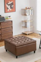 Living and Home Square PU Leather Upholstered Storage Ottoman with Lift-Top in Brown