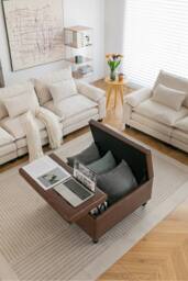 Living and Home Square PU Leather Upholstered Storage Ottoman with Lift-Top in Brown - thumbnail 4