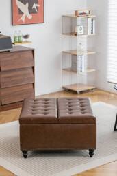 Living and Home Square PU Leather Upholstered Storage Ottoman with Lift-Top in Brown - thumbnail 7