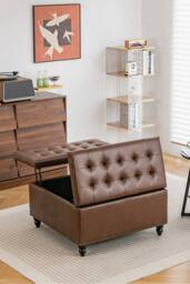 Living and Home Square PU Leather Upholstered Storage Ottoman with Lift-Top in Brown - thumbnail 2