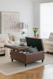 Living and Home Square PU Leather Upholstered Storage Ottoman with Lift-Top in Brown - thumbnail 3
