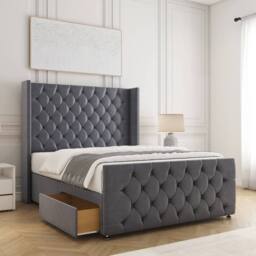 "BSSPOKE Florida Divan Bed Velvet 54""Headboard & 20""Footboard 2Drawers Mattress in Charcoal - Size: Double" - thumbnail 1