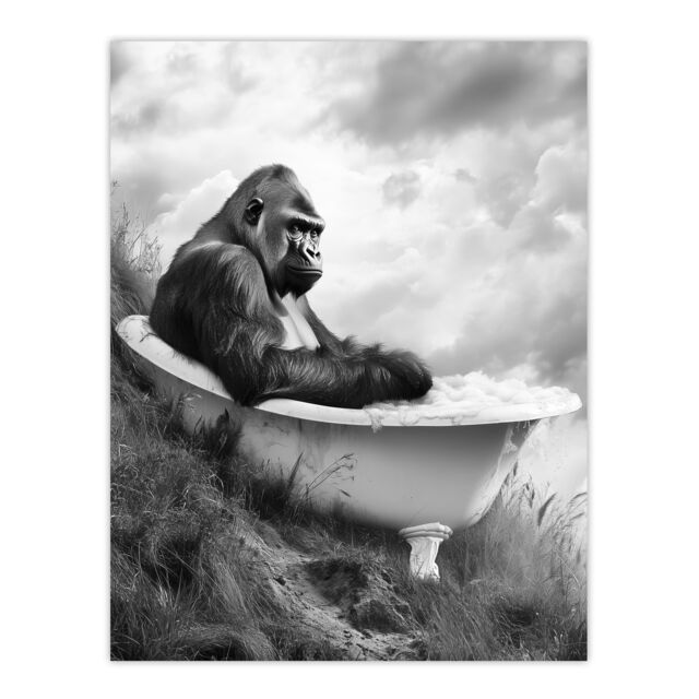 "Artery8 Gorilla Bubble Bath Bathtub Black White Surreal Wall Art Print in Grey - Size: W18"" x H24""" - image 1