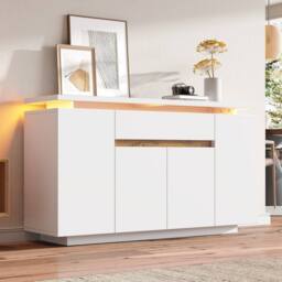 BTM LED Sideboard Cabinet 4 Doors 1 Drawer Storage White Natural - thumbnail 4
