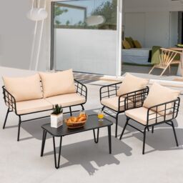 Costway 4 PCS Patio Conversation Set Outdoor Furniture Loveseat Coffee Table 2 Chairs in Beige - thumbnail 4