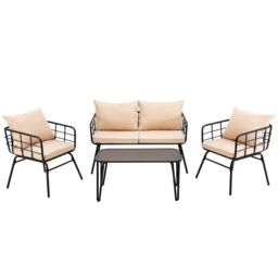 Costway 4 PCS Patio Conversation Set Outdoor Furniture Loveseat Coffee Table 2 Chairs in Beige - thumbnail 5