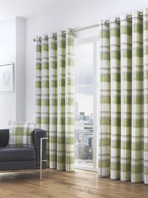 Fusion 'Balmoral Check' Country Checked Pattern Pair of Eyelet Curtains in Green - Size: 168 cm width x 229 cm drop - image 1