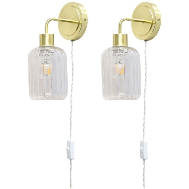 First Choice Lighting Set of 2 Toby - Satin Brass Plug in Wall Lights Ribbed Glass Shades in Gold - image 1