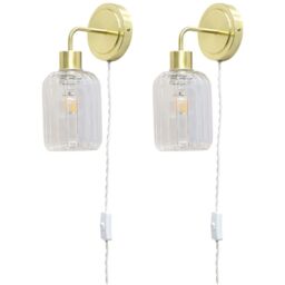 First Choice Lighting Set of 2 Toby - Satin Brass Plug in Wall Lights Ribbed Glass Shades in Gold - thumbnail 1