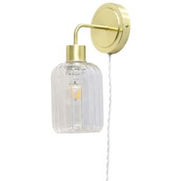 First Choice Lighting Set of 2 Toby - Satin Brass Plug in Wall Lights Ribbed Glass Shades in Gold - thumbnail 3