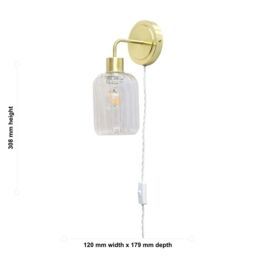 First Choice Lighting Set of 2 Toby - Satin Brass Plug in Wall Lights Ribbed Glass Shades in Gold - thumbnail 6