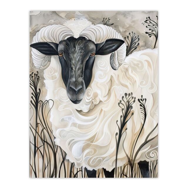 "Artery8 Stylised Ram Sheep Animal Portrait Painting Wall Art Print in Off-White - Size: W12"" x H16""" - image 1