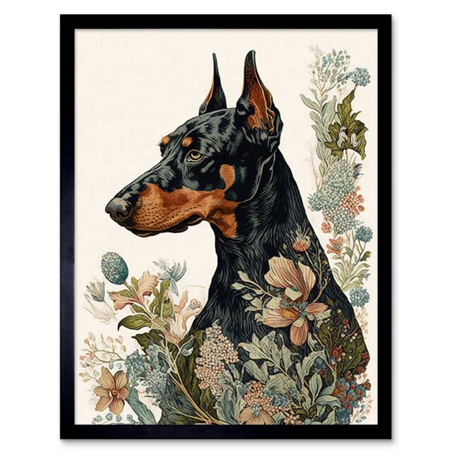 "Artery8 Wall Art Print Doberman Dog with Wild Flowers Boho Watercolour Art Framed in Black - Size: W12"" x H16""" - image 1