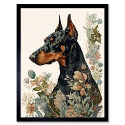 "Artery8 Wall Art Print Doberman Dog with Wild Flowers Boho Watercolour Art Framed in Black - Size: W12"" x H16""" - thumbnail 1