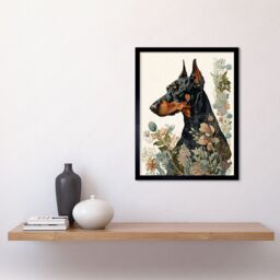 "Artery8 Wall Art Print Doberman Dog with Wild Flowers Boho Watercolour Art Framed in Black - Size: W12"" x H16""" - thumbnail 2