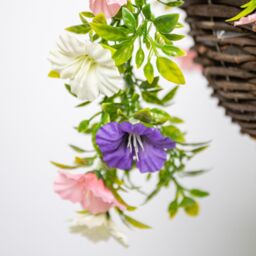 Primrose Pair of Artificial Petunia Flowers Rattan Hanging Basket Decoration Pink Purple & White 25cm - thumbnail 5