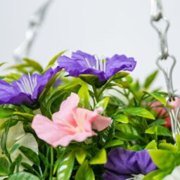 Primrose Pair of Artificial Petunia Flowers Rattan Hanging Basket Decoration Pink Purple & White 25cm - thumbnail 4