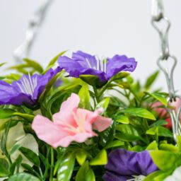 Primrose Pair of Artificial Petunia Flowers Rattan Hanging Basket Decoration Pink Purple & White 25cm - thumbnail 2