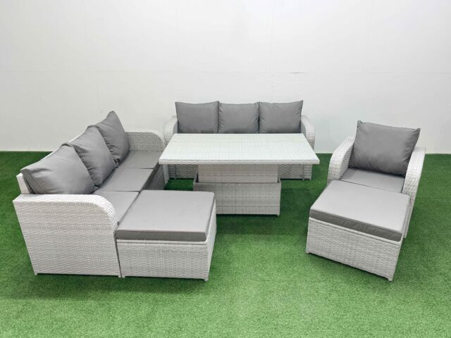 Fimous 9 Seater Poly Rattan Outdoor Garden Furniture Adjustable Lifting Dining or Coffee Table Sofa Set Patio 3 Seater Sofa Reclining Chair 3 Seater - image 1