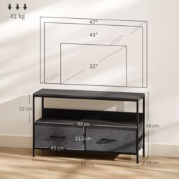 HOMCOM TV Cabinet, TV Console Unit with 2 Foldable Linen Drawers Black - thumbnail 3