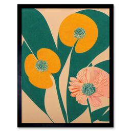 "Artery8 Wall Art Print California Poppy Flower Blooms Turquoise Leaves Bright Art Framed in Black - Size: W12"" x H16""" - thumbnail 1