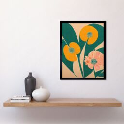 "Artery8 Wall Art Print California Poppy Flower Blooms Turquoise Leaves Bright Art Framed in Black - Size: W12"" x H16""" - thumbnail 2