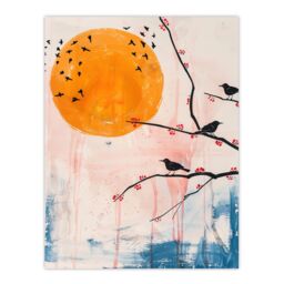 "Artery8 Blackbirds on Tree Branch Winter Sun Painting Wall Art Print - Size: W12"" x H16""" - thumbnail 1