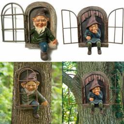 NESTLUNE F Garden Ornaments-Gnome Statue Elf Out The Door Tree in Brown - Size: 100 cm x 15 cm - thumbnail 5