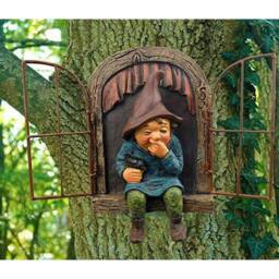 NESTLUNE F Garden Ornaments-Gnome Statue Elf Out The Door Tree in Brown - Size: 100 cm x 15 cm - thumbnail 3