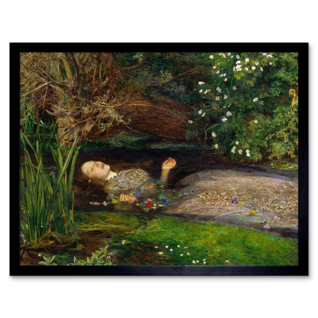 "Artery8 Wall Art Print John Everett Millais Ophelia Shakespeare Nature Landscape River Death Cropped Fine Art Framed in Green - Size: W12"" x H16""" - image 1