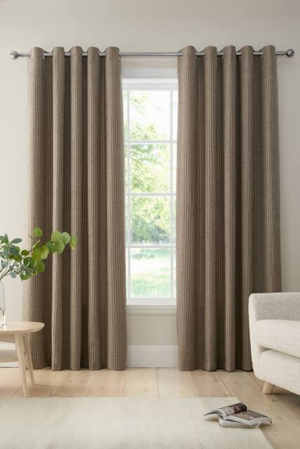 Bianca 'Chenille Stripe' Lined Eyelet Curtains in Natural - Size: 168 cm width x 183 cm drop