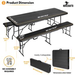 Novecrafto Folding Table & Folding Bench Seat Set Plastic Surfaces & Steel Frames in Black - thumbnail 3