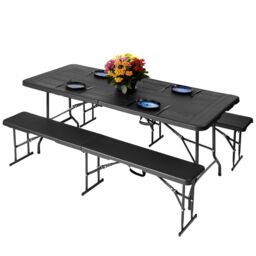 Novecrafto Folding Table & Folding Bench Seat Set Plastic Surfaces & Steel Frames in Black - thumbnail 1