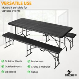 Novecrafto Folding Table & Folding Bench Seat Set Plastic Surfaces & Steel Frames in Black - thumbnail 4