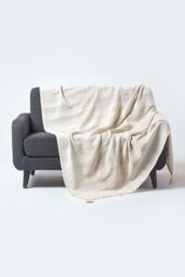 Homescapes Cotton Rajput Ribbed Throw in Natural - Size: 150 cm x 200 cm