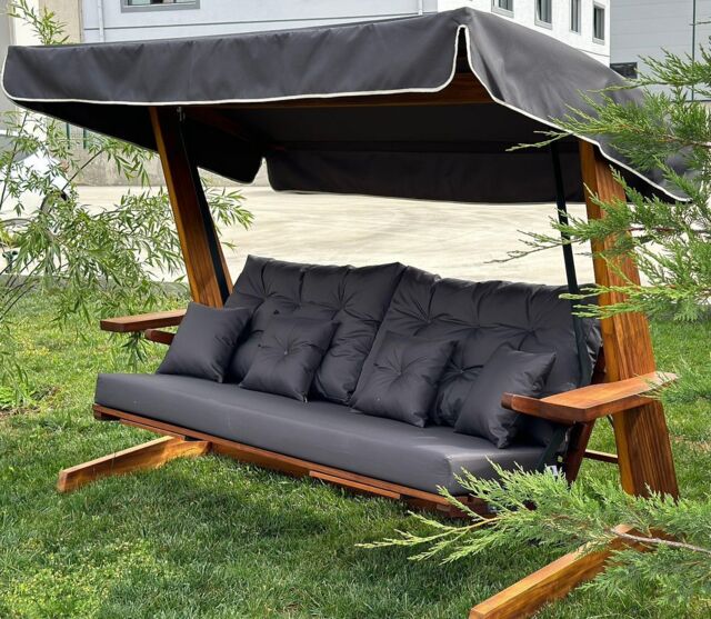 Norfolk Leisure St Andrews Iroko 3 Seater Swing Seat with Grey Cushions in Brown