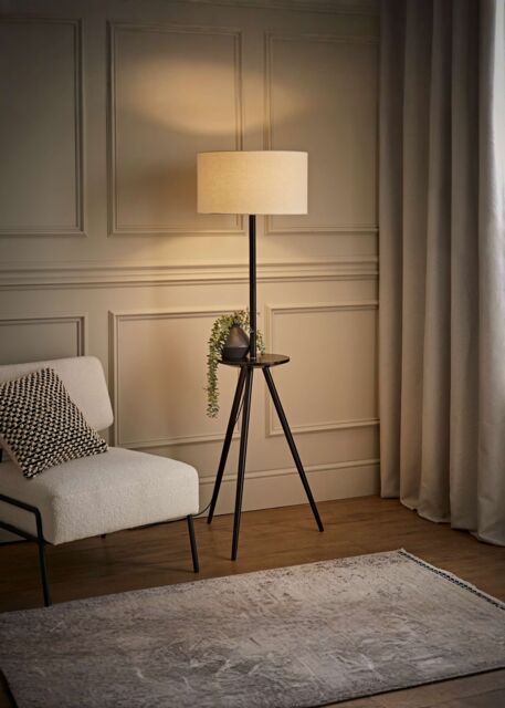 ValueLights Desmond Side Table Tripod Floor Lamp with Natural Linen Lamp Shade in Black - image 1