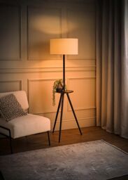 ValueLights Desmond Side Table Tripod Floor Lamp with Natural Linen Lamp Shade in Black - thumbnail 2
