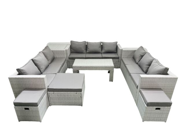 Fimous Rattan Garden Outdoor Furniture Set 12 Seater Garden Sofa Oblong Coffee Table Set with 3 Footstools Side Table Light Grey Mixed - image 1